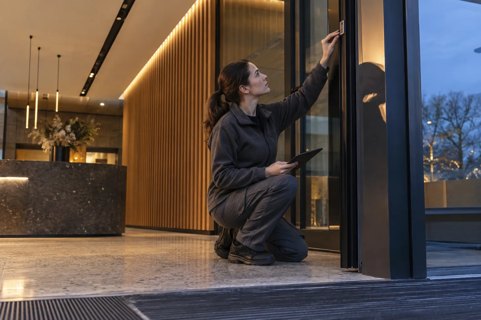 An engineer inspecting a discreet alarm door-contact from ground level in a commercial environment