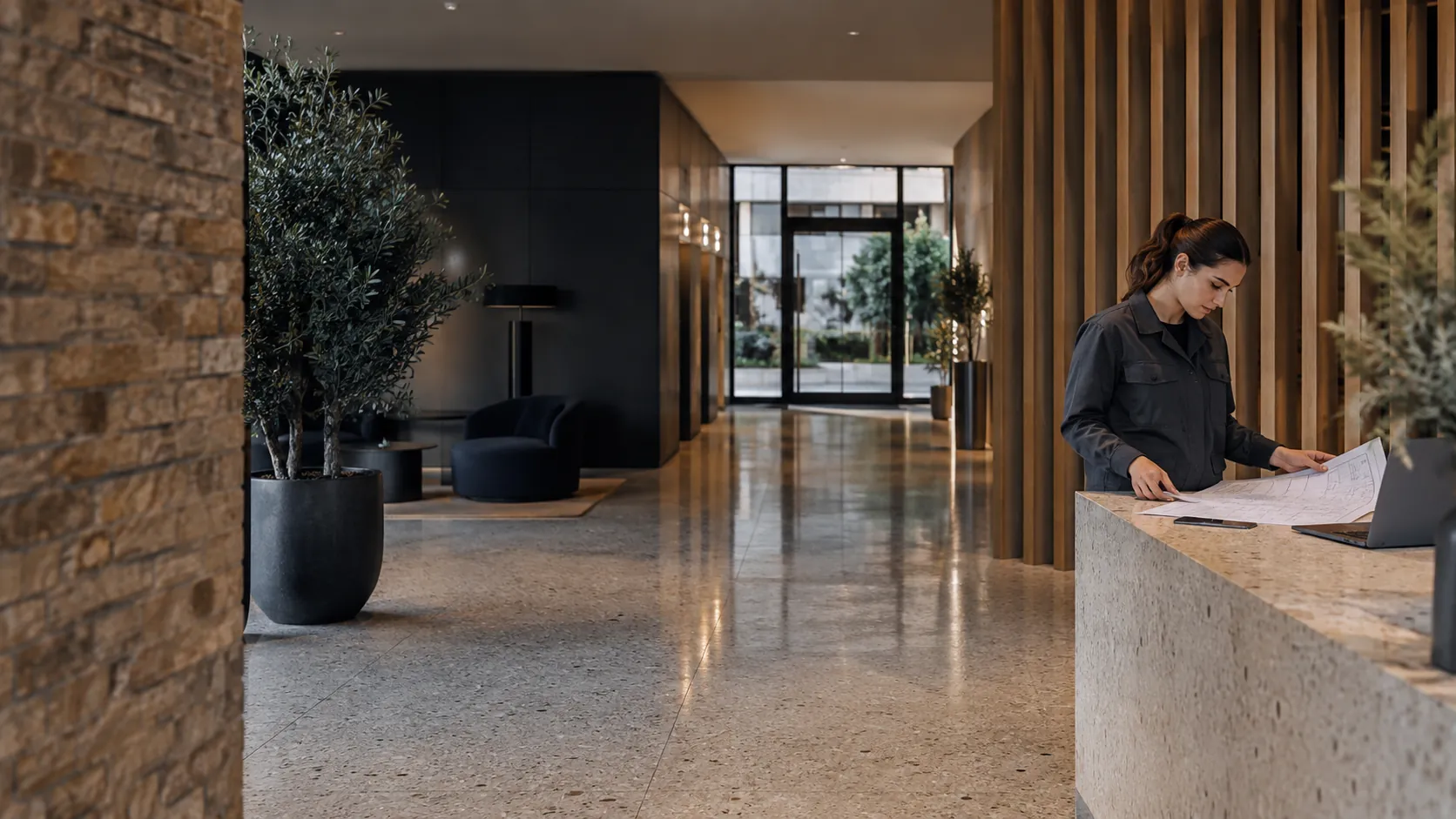 Engineer reviewing a plain floor plan at a facilities desk in a commercial lobby with terrazzo and oak fins