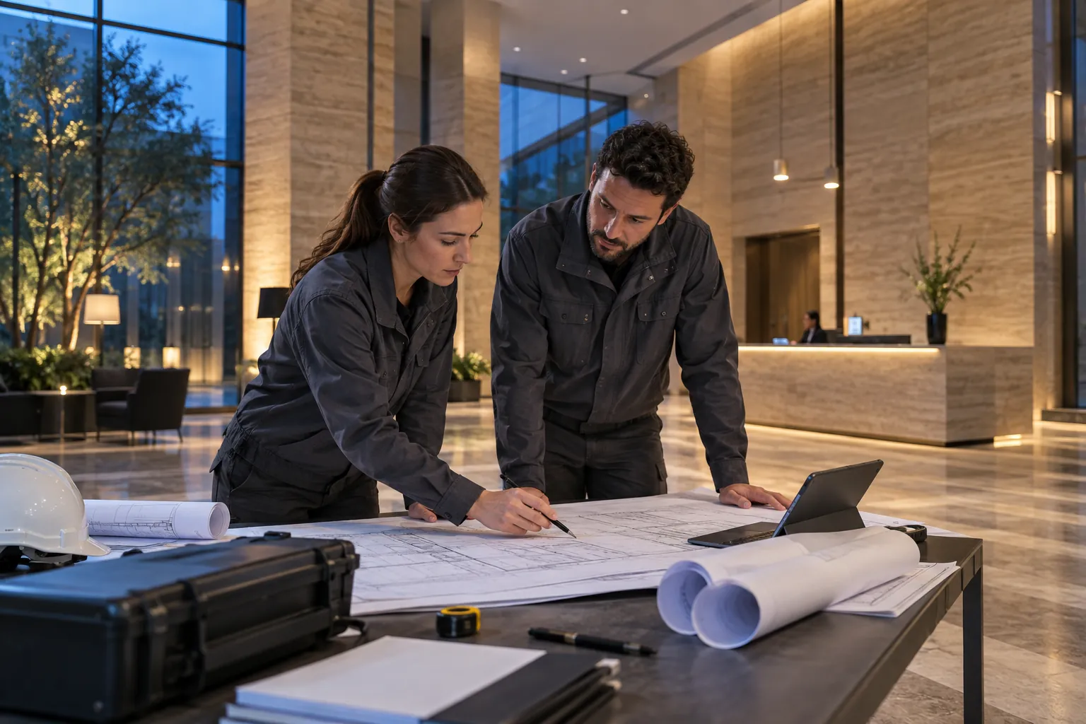 Two engineers reviewing an unlettered technical layout at a workbench in a commercial environment
