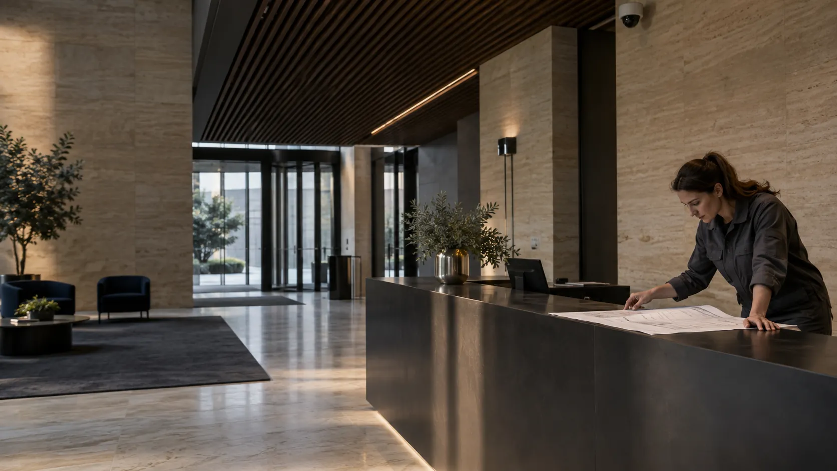 Engineer reviewing a plain floor plan at a facilities desk in a unbranded commercial reception with travertine walls