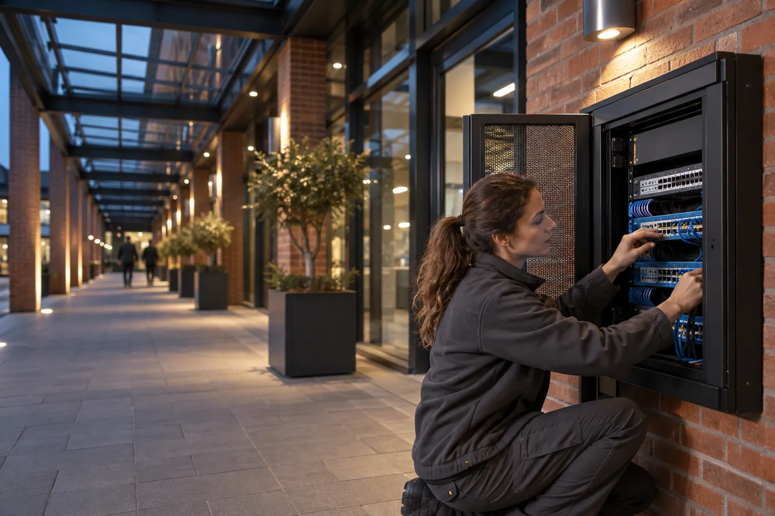 A technician carefully checking a low-voltage network patch connection, natural fingers in a commercial environment