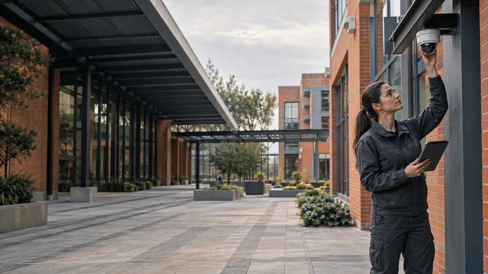 Security engineer checking a correctly mounted dome camera with a tablet in a red-brick business campus with steel canopy