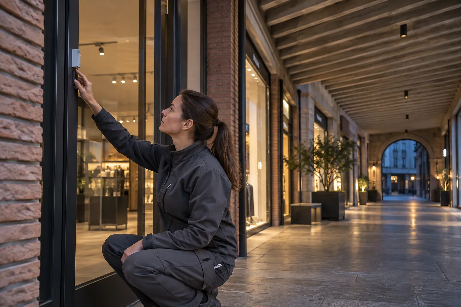 An engineer inspecting a discreet alarm door-contact from ground level in a commercial environment