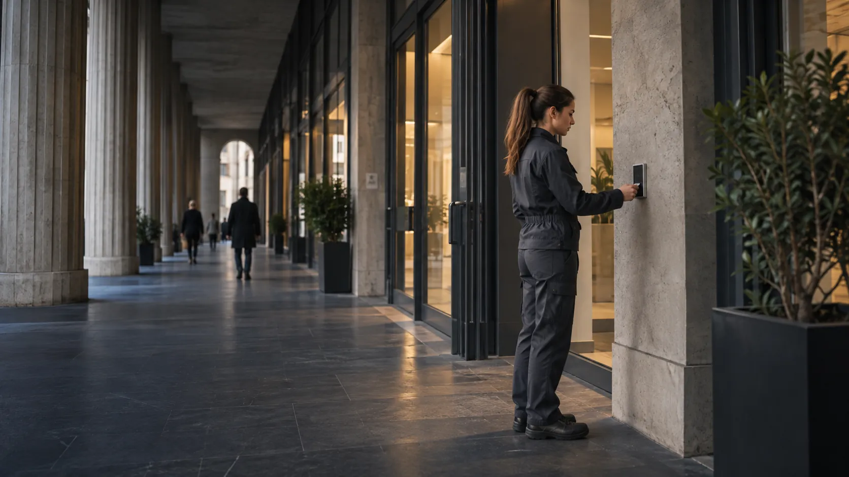 Engineer testing a flush-mounted access reader at a controlled doorway in a urban commercial arcade with ribbed concrete
