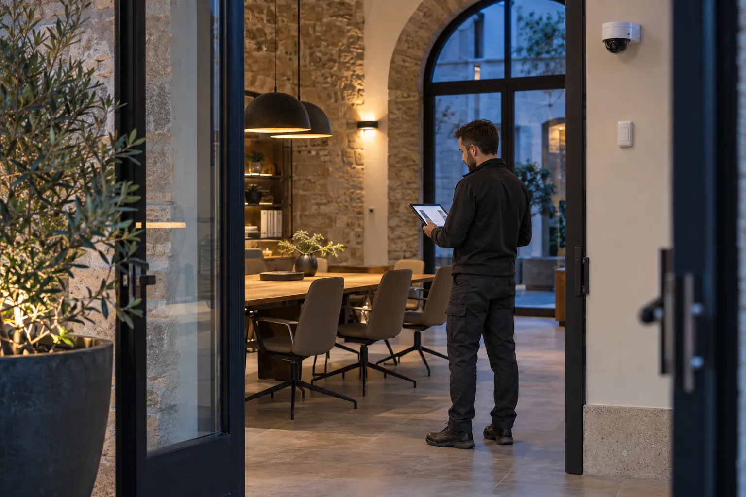 An engineer examining the final device layout on a wireless tablet in a commercial environment