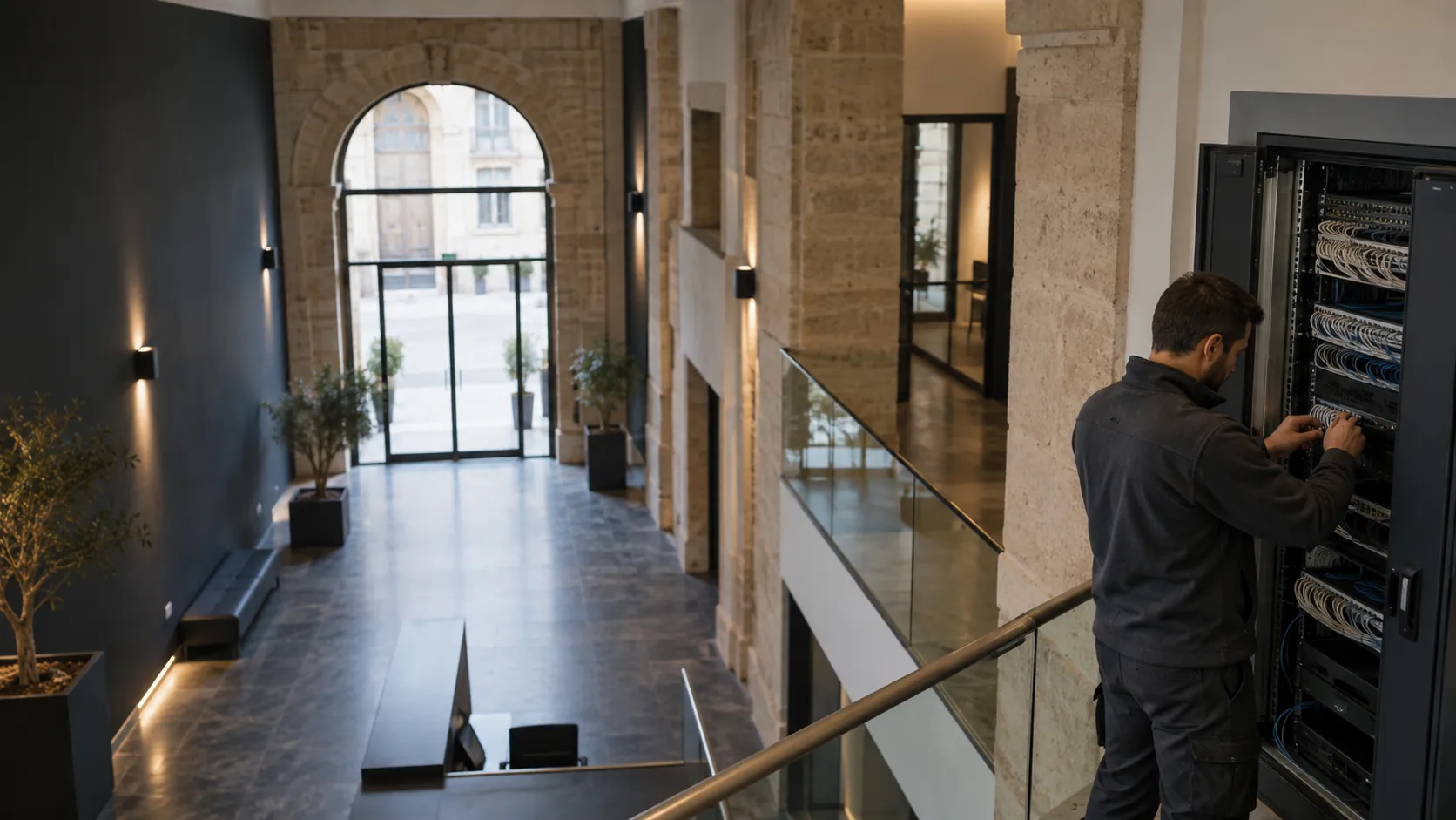 Network technician checking a neatly patched low-voltage communications cabinet in a converted European commercial building with stone reveals