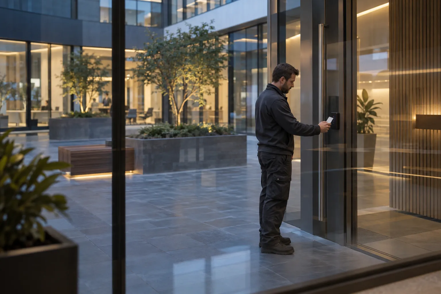 A facilities representative testing a controlled door with a plain access card in a commercial environment