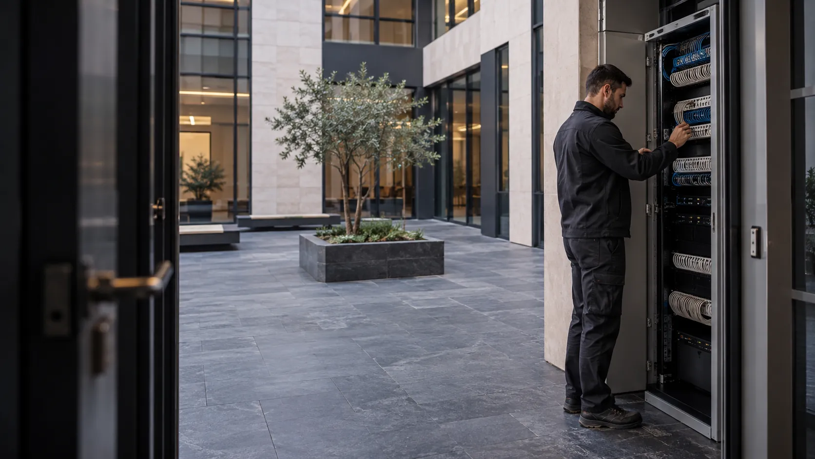 Network technician checking a neatly patched low-voltage communications cabinet in a angular office courtyard with basalt paving