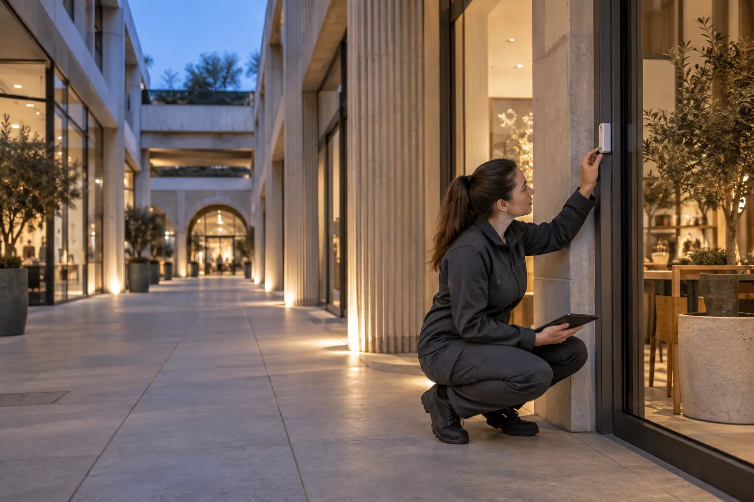 An engineer inspecting a discreet alarm door-contact from ground level in a commercial environment