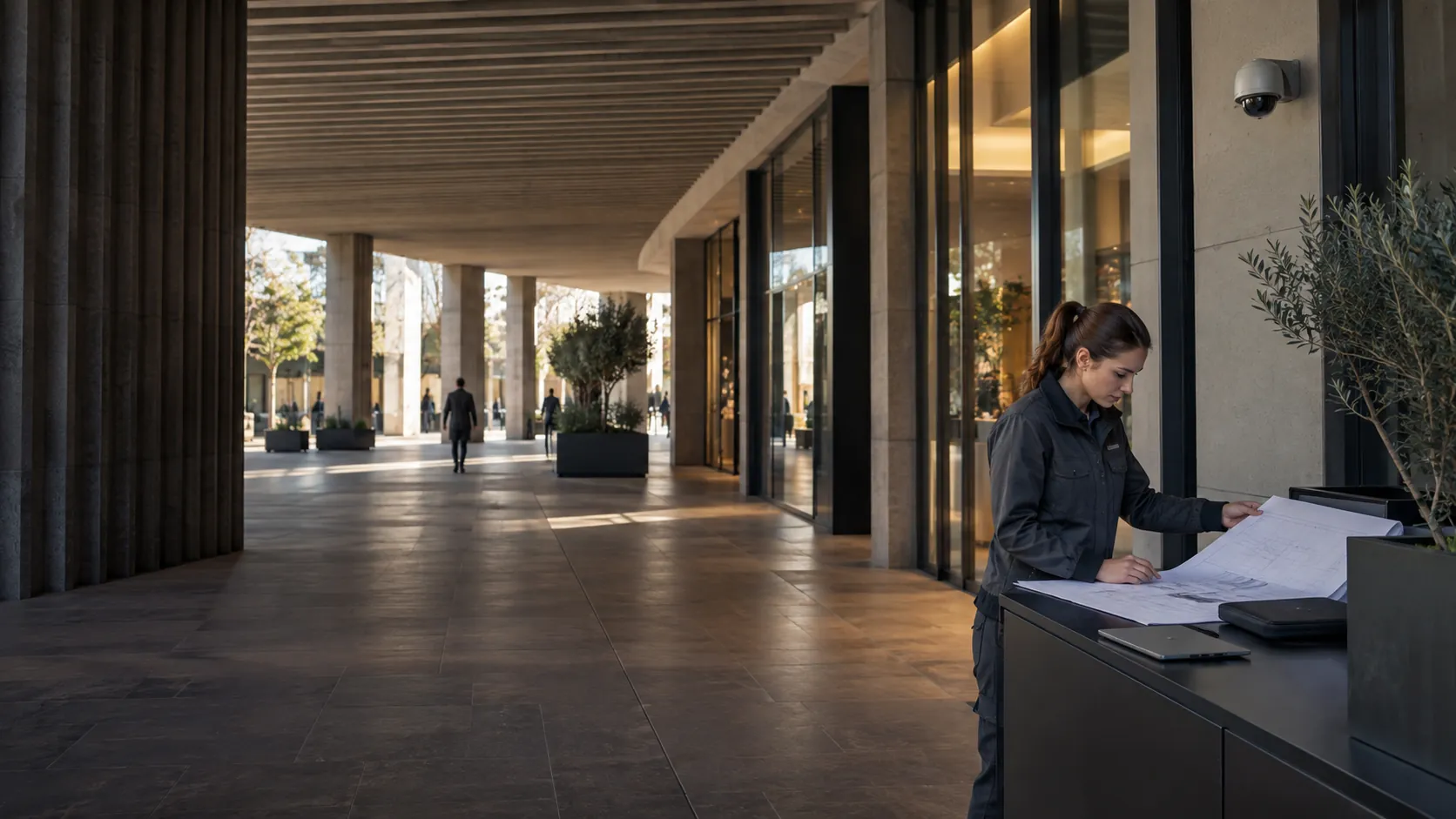 Engineer reviewing a plain floor plan at a facilities desk in a urban commercial arcade with ribbed concrete