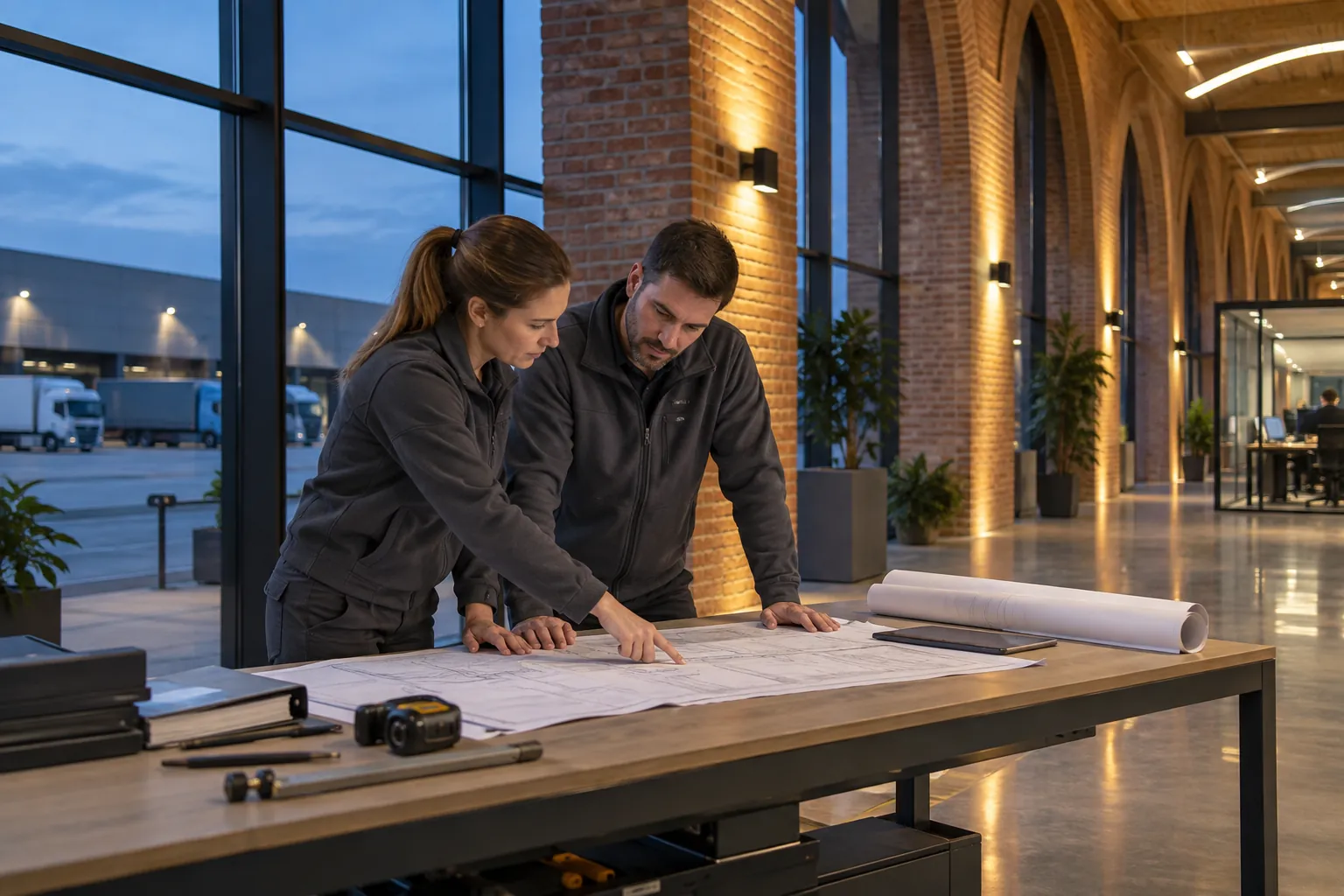 Two engineers reviewing an unlettered technical layout at a workbench in a commercial environment