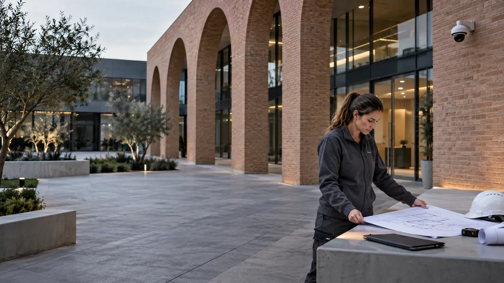 Engineer reviewing a plain floor plan at a facilities desk in a modern logistics administration building with deep brick arches