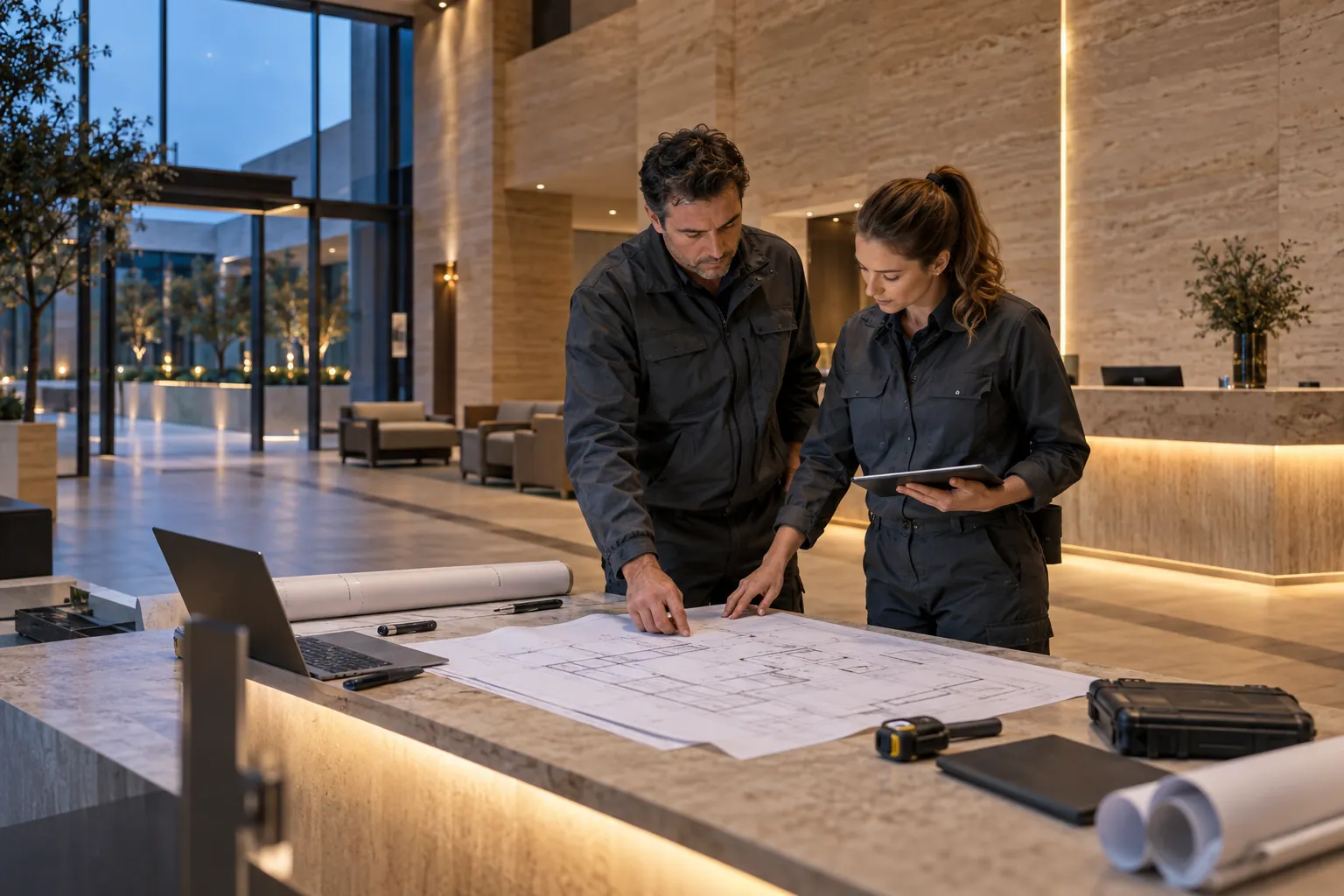 Two engineers reviewing an unlettered technical layout at a workbench in a commercial environment
