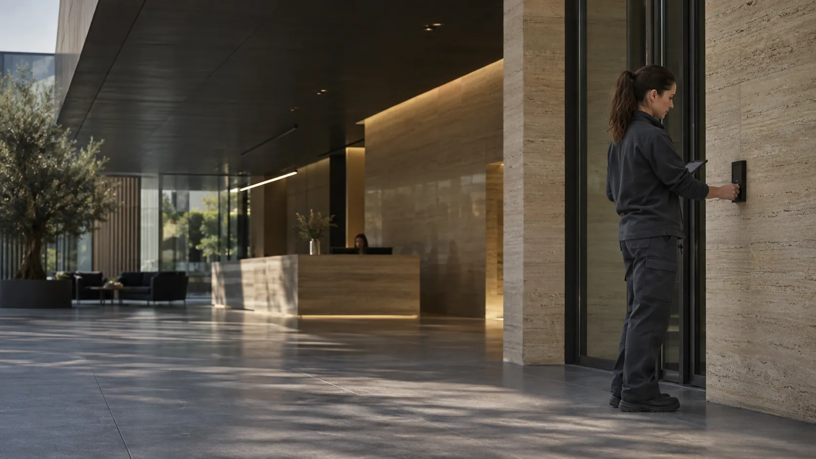 Engineer testing a flush-mounted access reader at a controlled doorway in a unbranded commercial reception with travertine walls