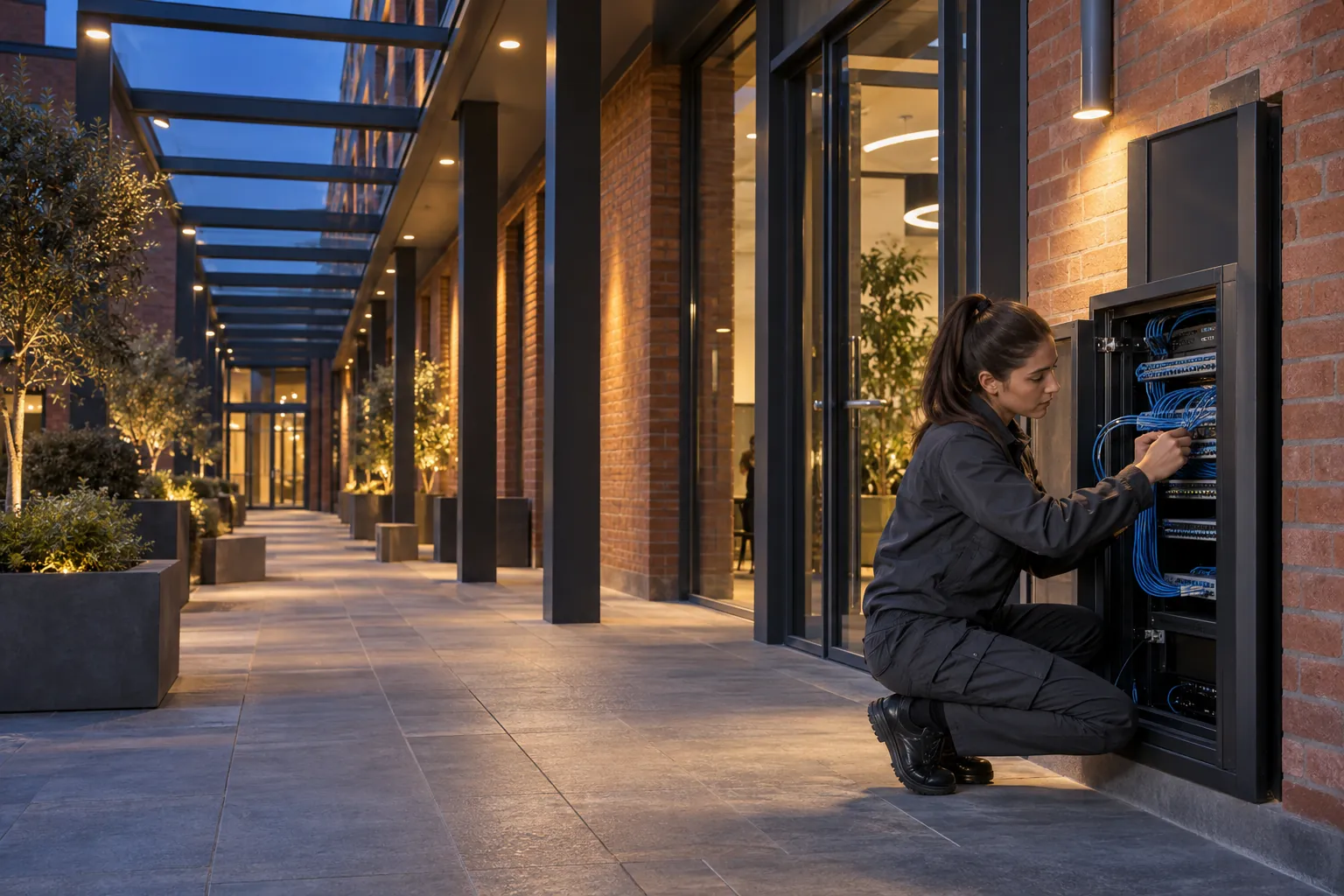 A technician carefully checking a low-voltage network patch connection, natural fingers in a commercial environment