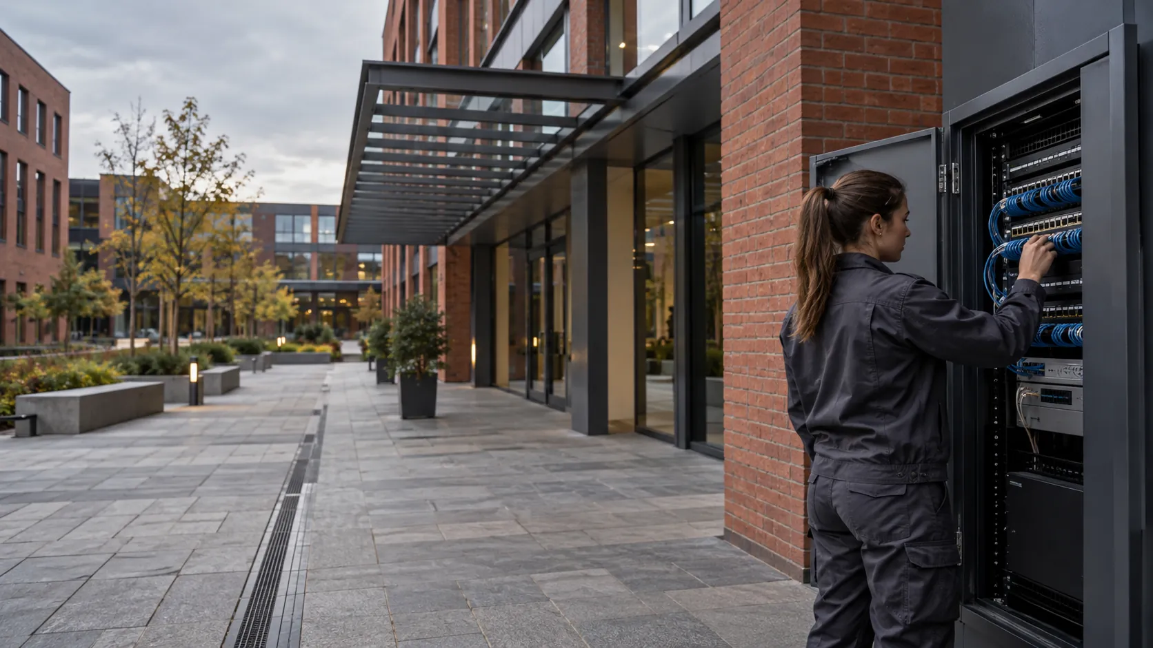 Network technician checking a neatly patched low-voltage communications cabinet in a red-brick business campus with steel canopy