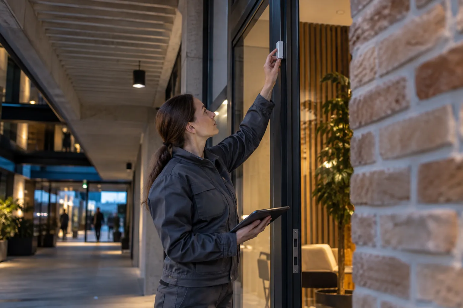 An engineer inspecting a discreet alarm door-contact from ground level in a commercial environment