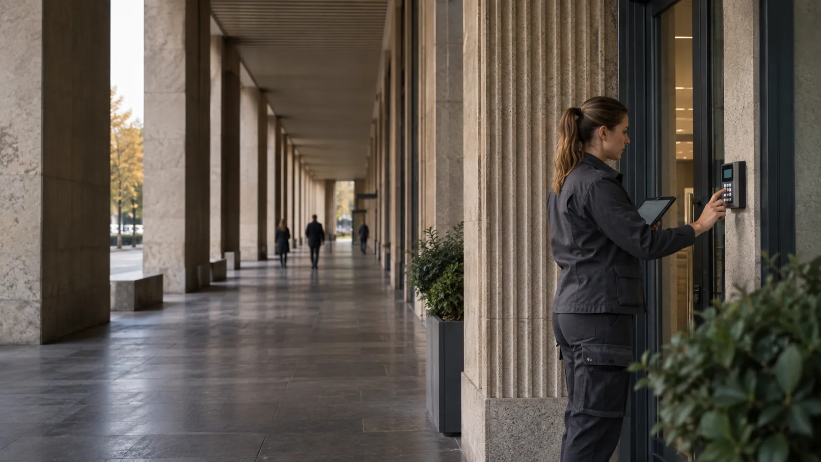 Engineer inspecting an intruder-alarm keypad beside a staff entrance in a urban commercial arcade with ribbed concrete