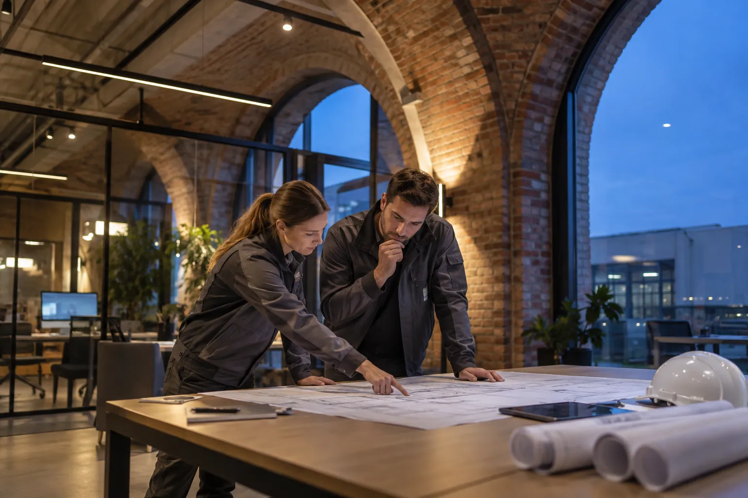 Two engineers reviewing an unlettered technical layout at a workbench in a commercial environment