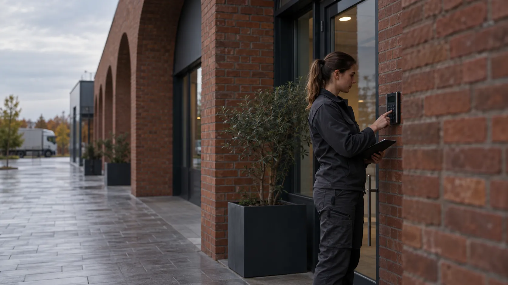 Engineer inspecting an intruder-alarm keypad beside a staff entrance in a modern logistics administration building with deep brick arches
