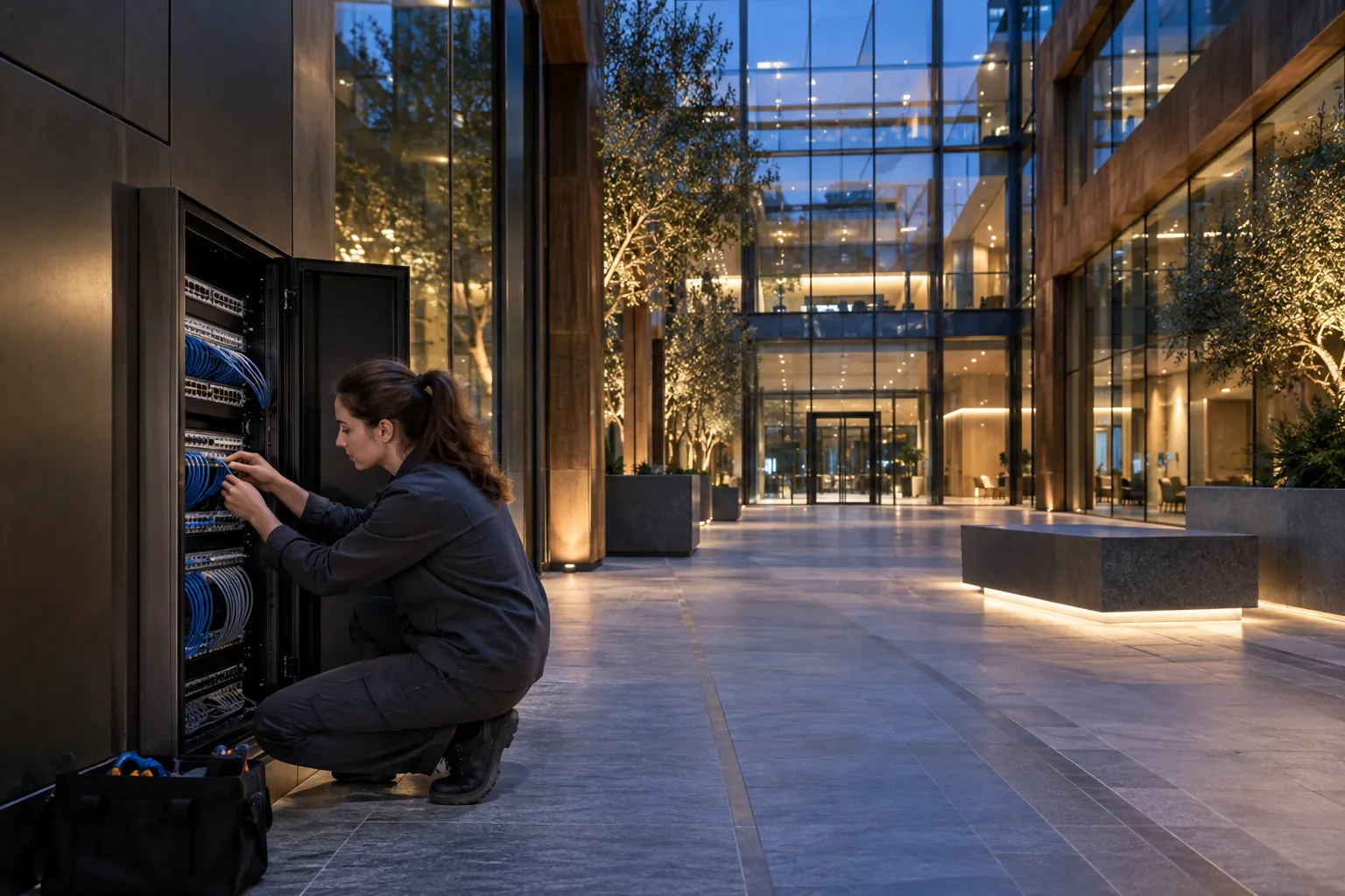 A technician carefully checking a low-voltage network patch connection, natural fingers in a commercial environment