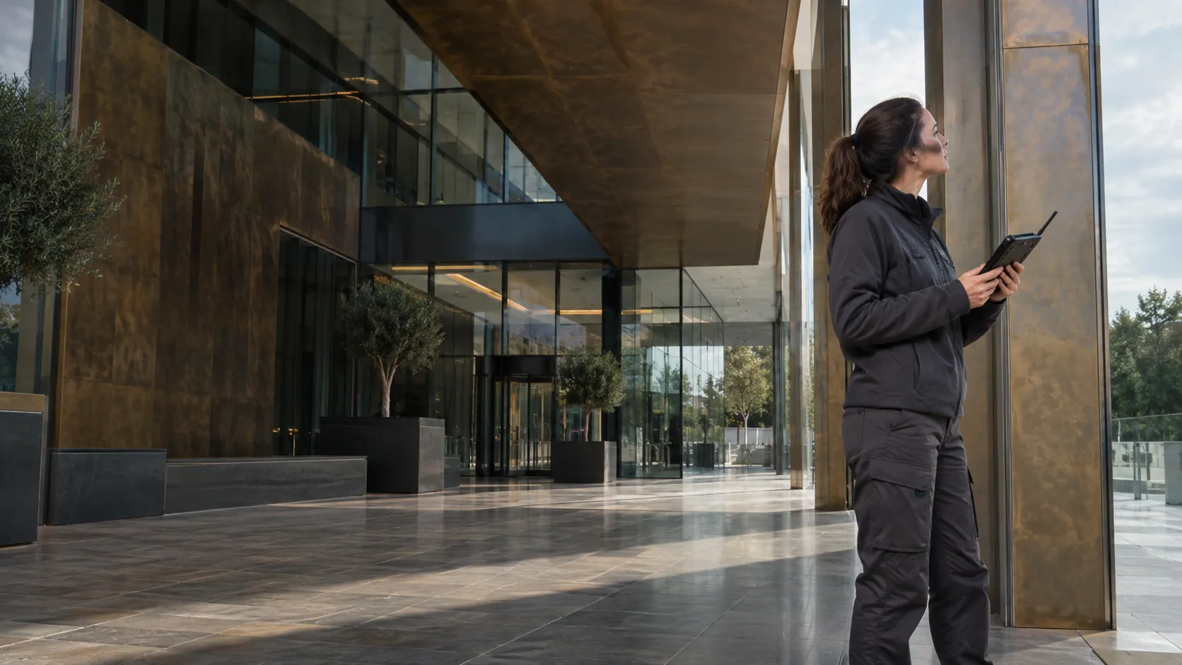 Engineer conducting a wireless survey with a handheld meter in a glass and weathered bronze commercial atrium