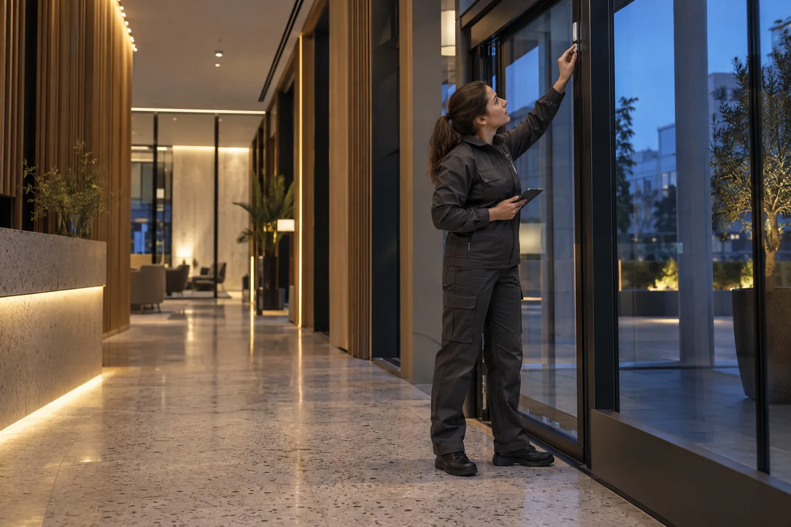 An engineer inspecting a discreet alarm door-contact from ground level in a commercial environment