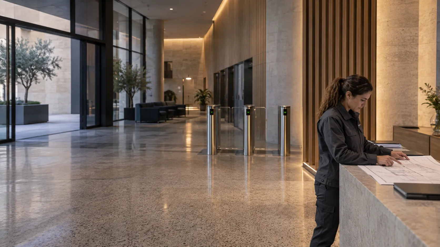 Engineer reviewing a plain floor plan at a facilities desk in a commercial lobby with terrazzo and oak fins