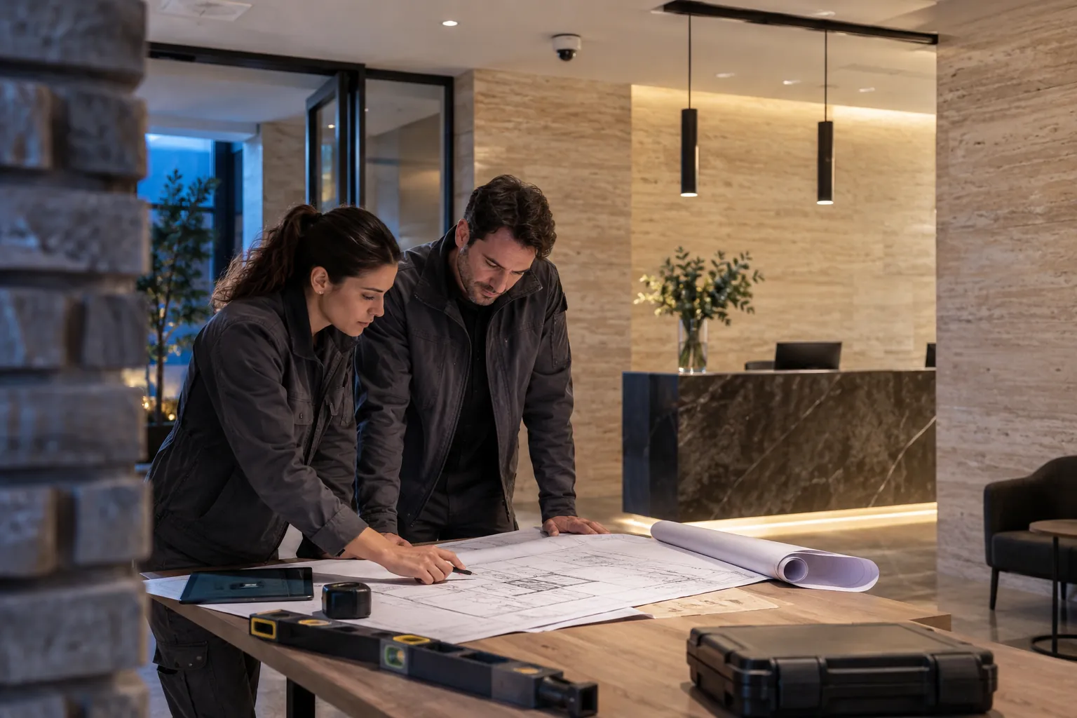 Two engineers reviewing an unlettered technical layout at a workbench in a commercial environment