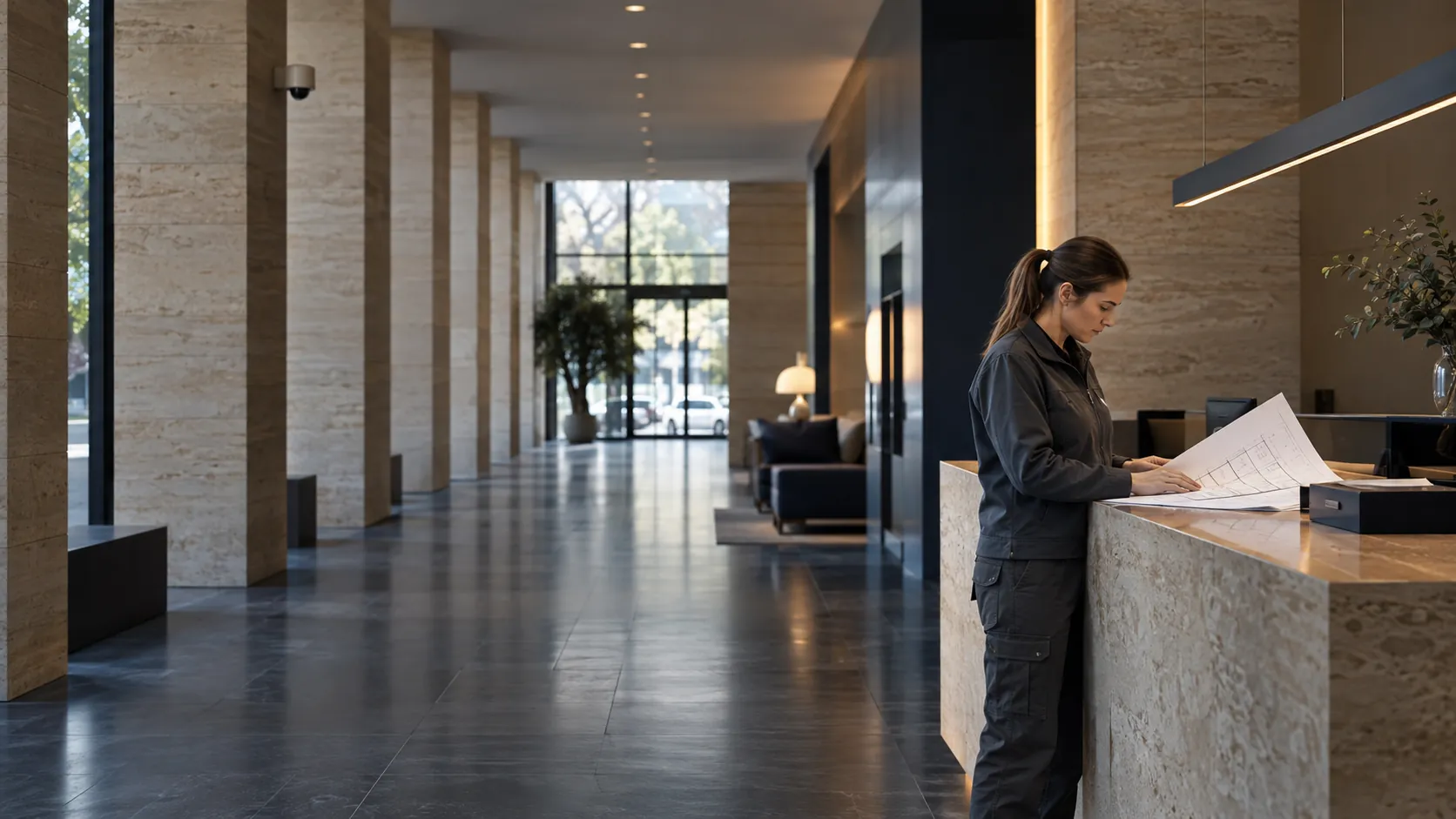 Engineer reviewing a plain floor plan at a facilities desk in a unbranded commercial reception with travertine walls