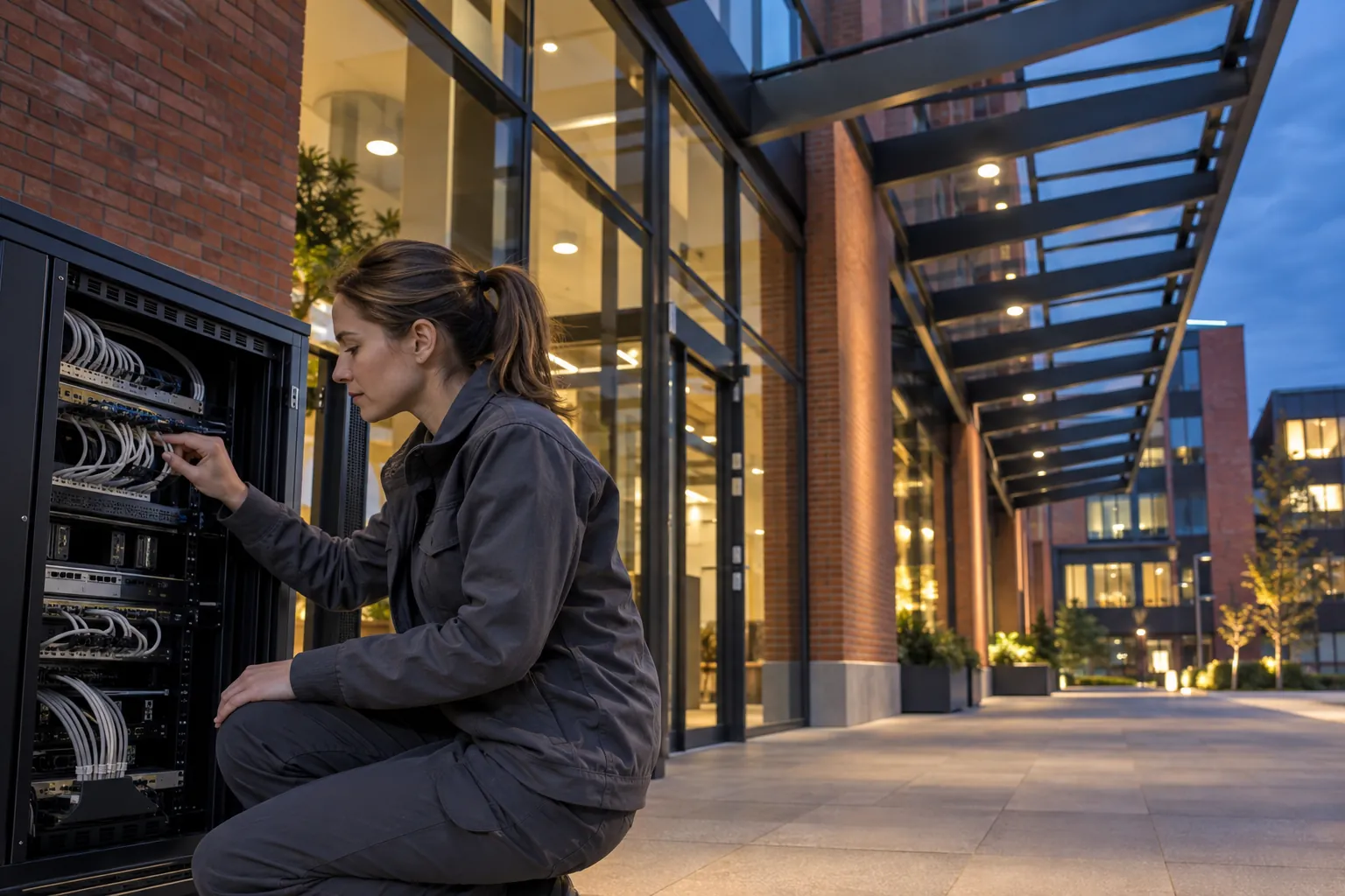A technician carefully checking a low-voltage network patch connection, natural fingers in a commercial environment