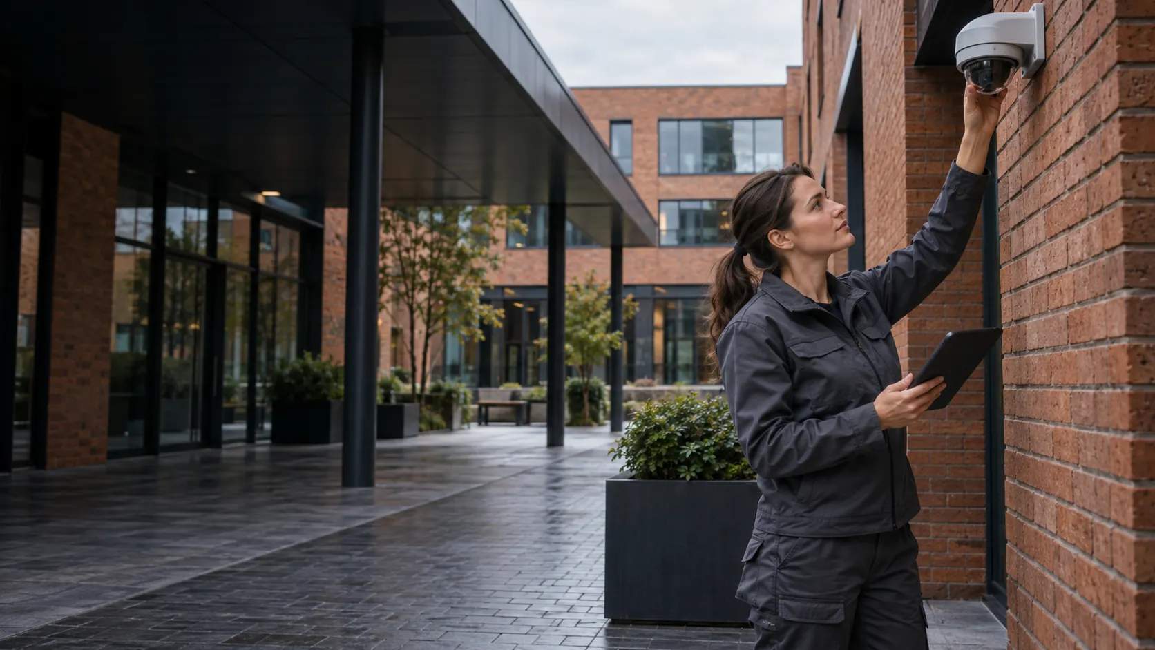 Security engineer checking a correctly mounted dome camera with a tablet in a red-brick business campus with steel canopy
