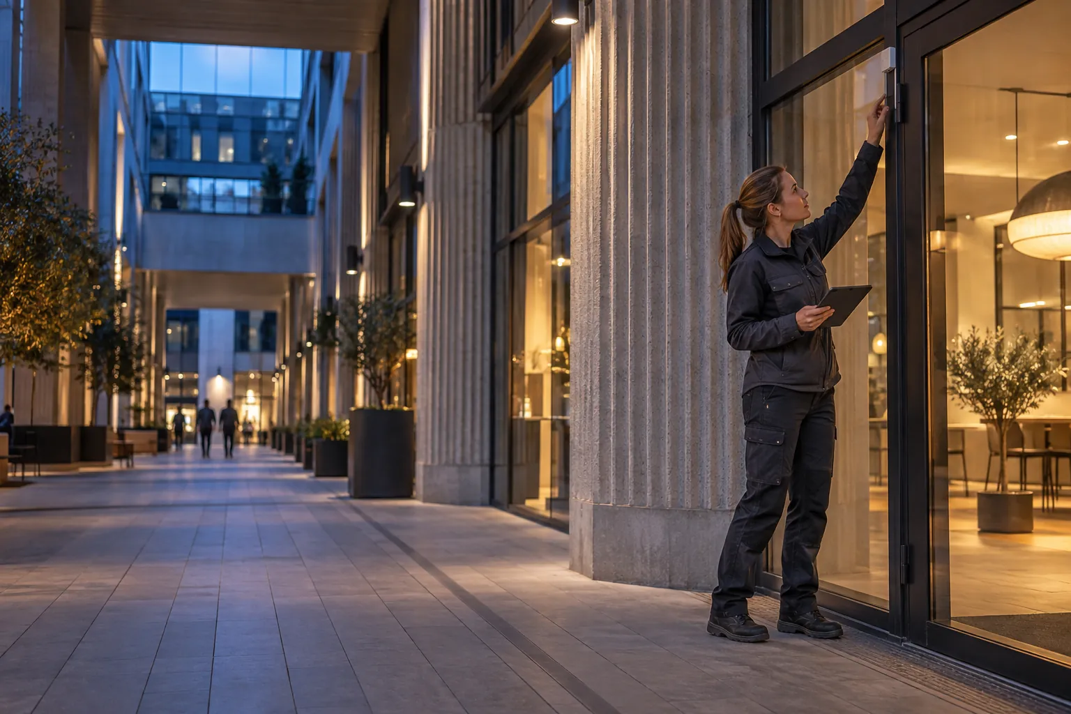 An engineer inspecting a discreet alarm door-contact from ground level in a commercial environment