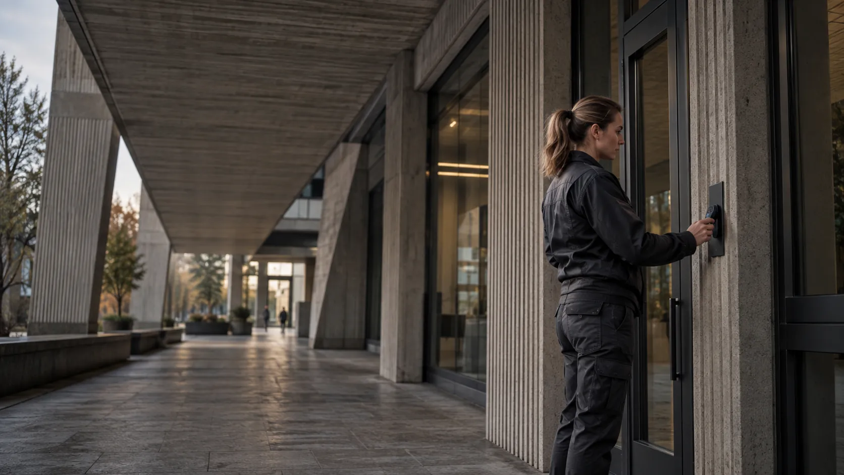 Engineer testing a flush-mounted access reader at a controlled doorway in a urban commercial arcade with ribbed concrete
