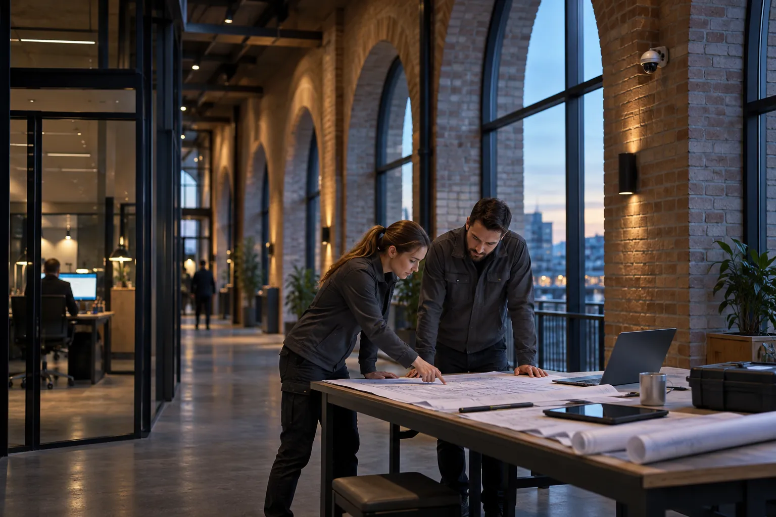Two engineers reviewing an unlettered technical layout at a workbench in a commercial environment