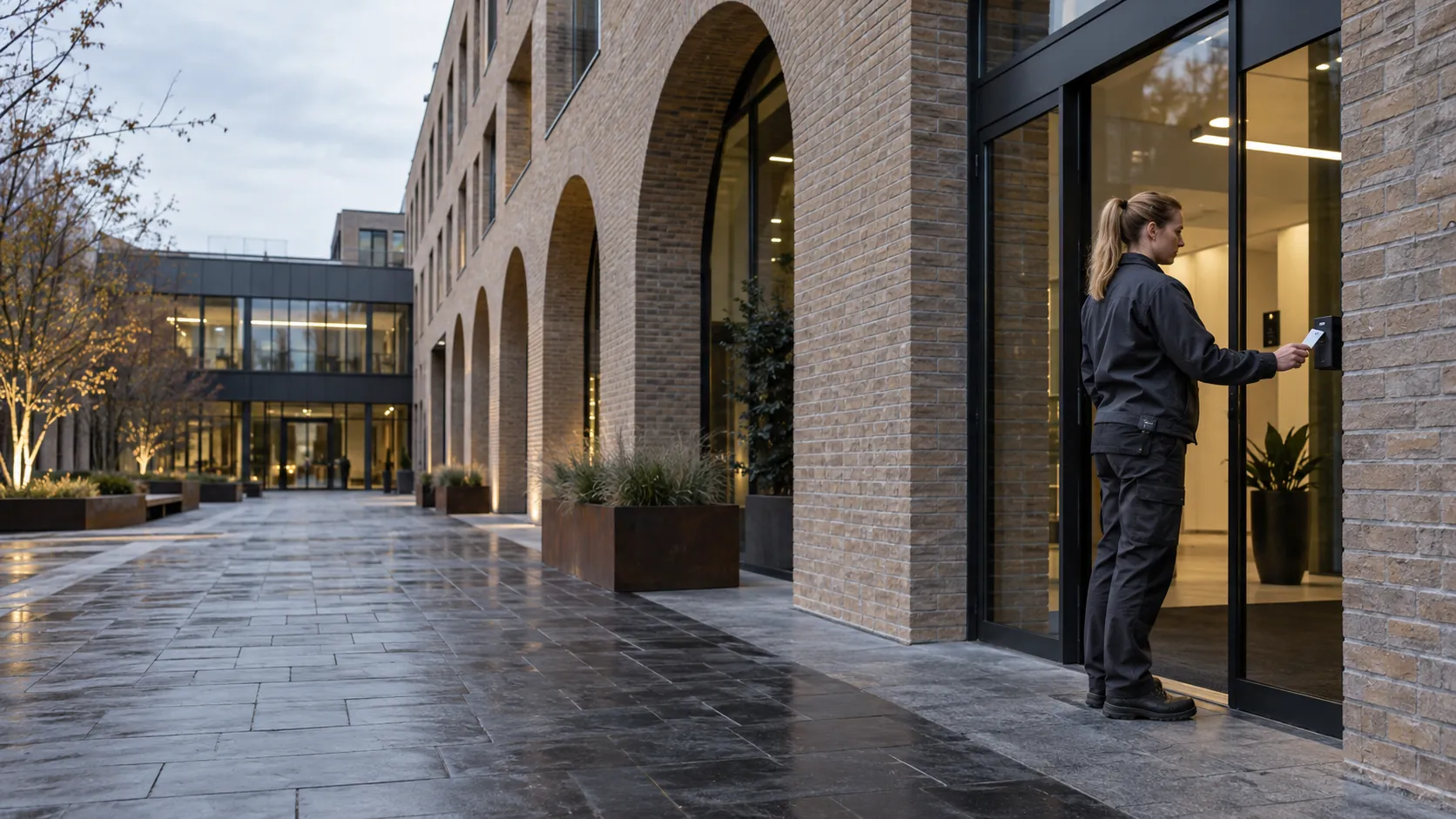 Engineer testing a flush-mounted access reader at a controlled doorway in a modern logistics administration building with deep brick arches