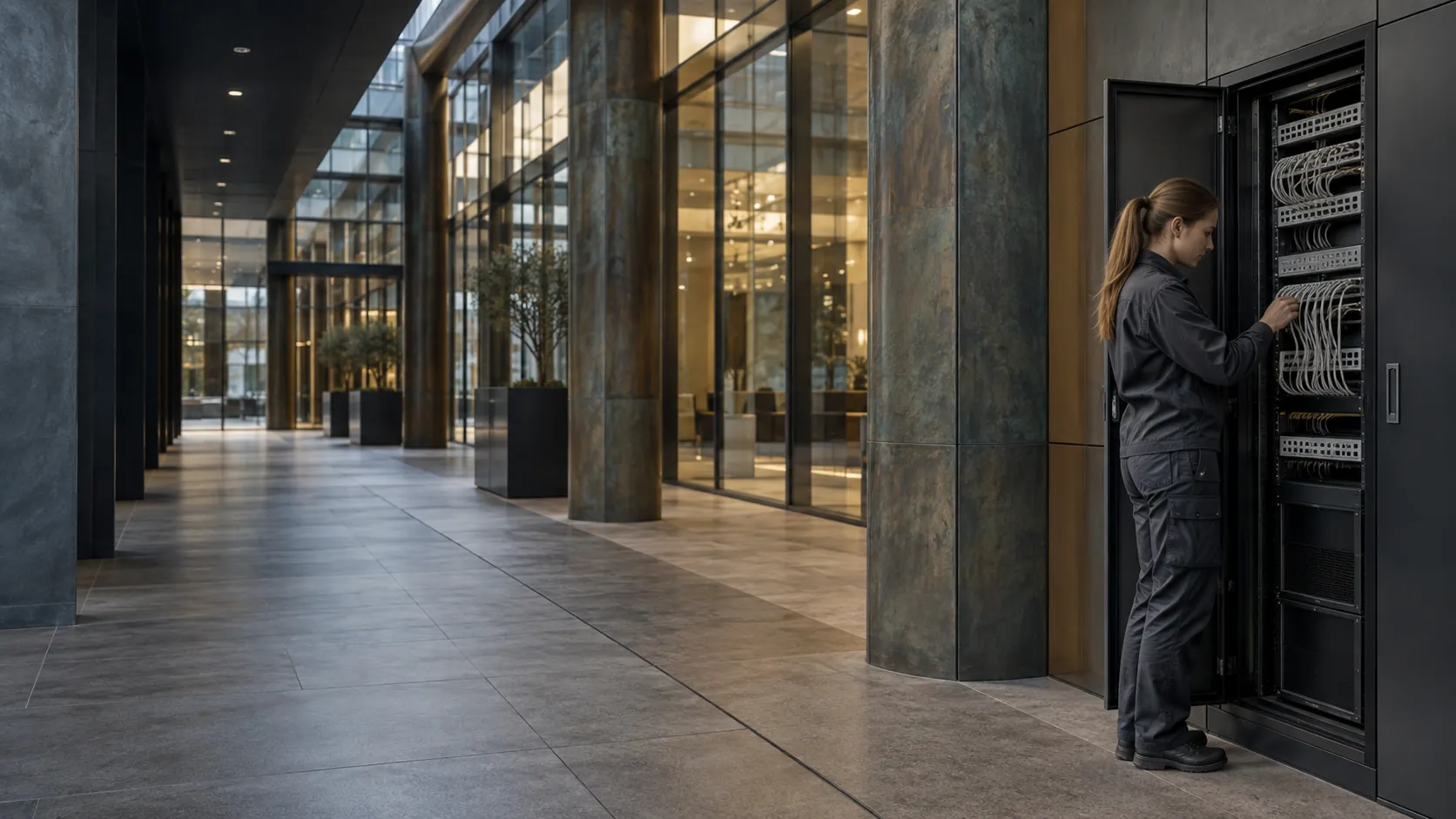 Network technician checking a neatly patched low-voltage communications cabinet in a glass and weathered bronze commercial atrium