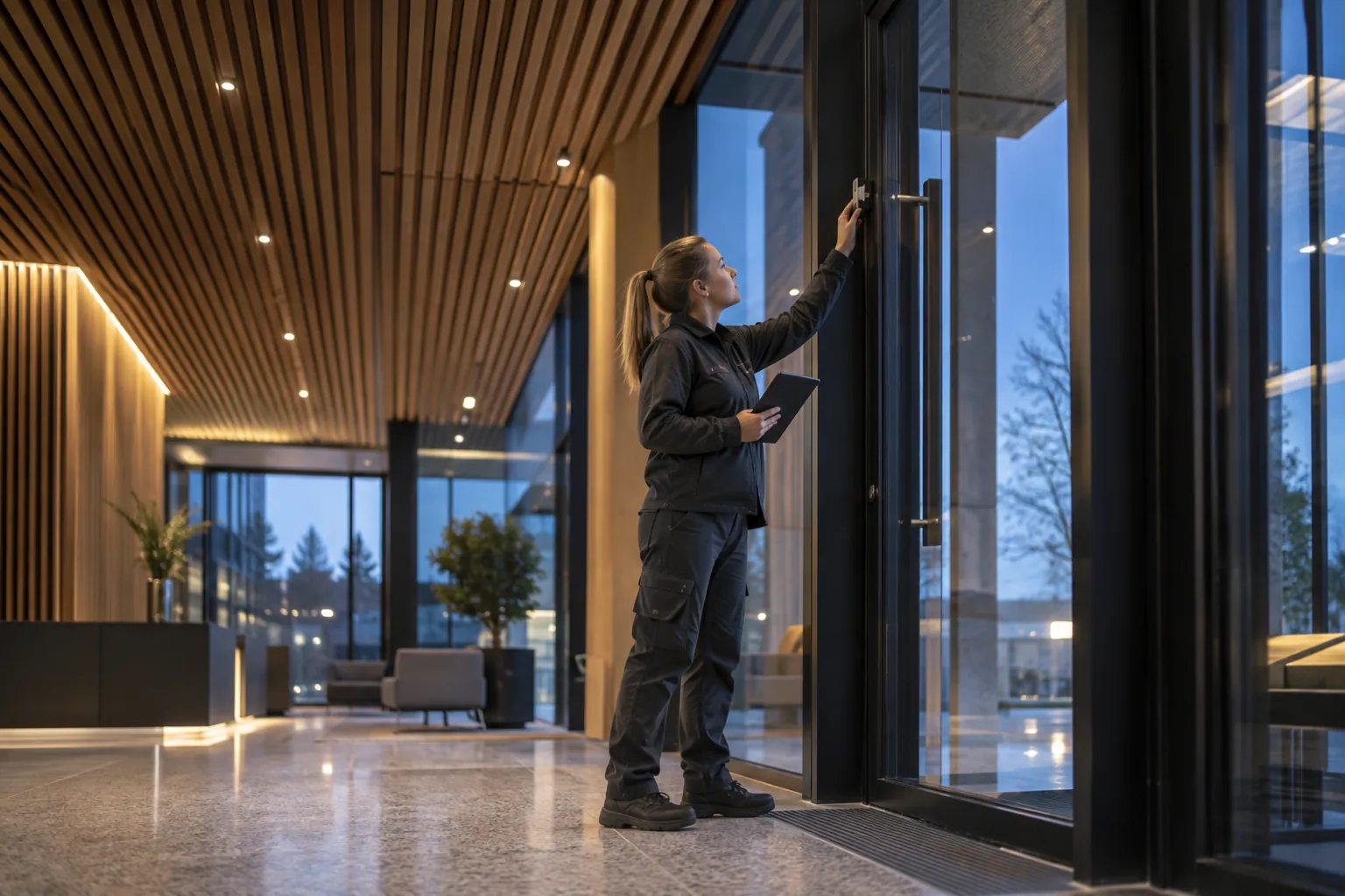 An engineer inspecting a discreet alarm door-contact from ground level in a commercial environment