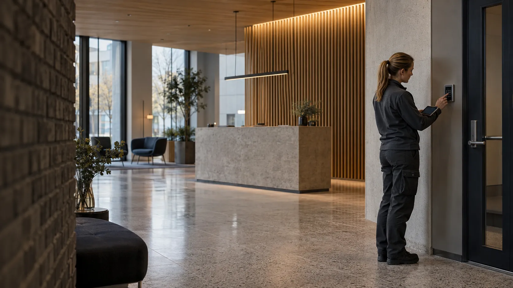 Engineer inspecting an intruder-alarm keypad beside a staff entrance in a commercial lobby with terrazzo and oak fins