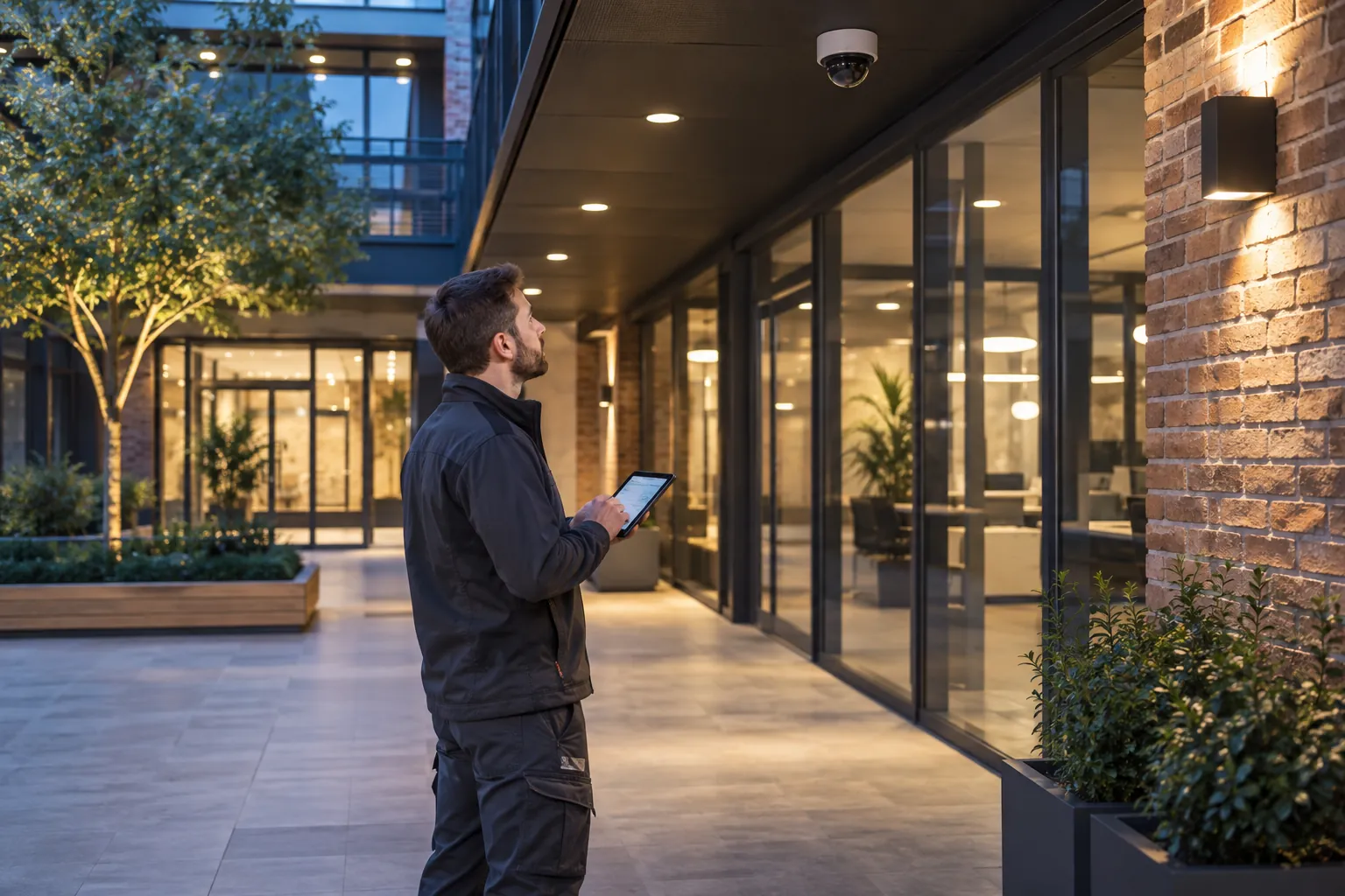 A technician surveying a commercial corridor with a wireless tablet in a commercial environment