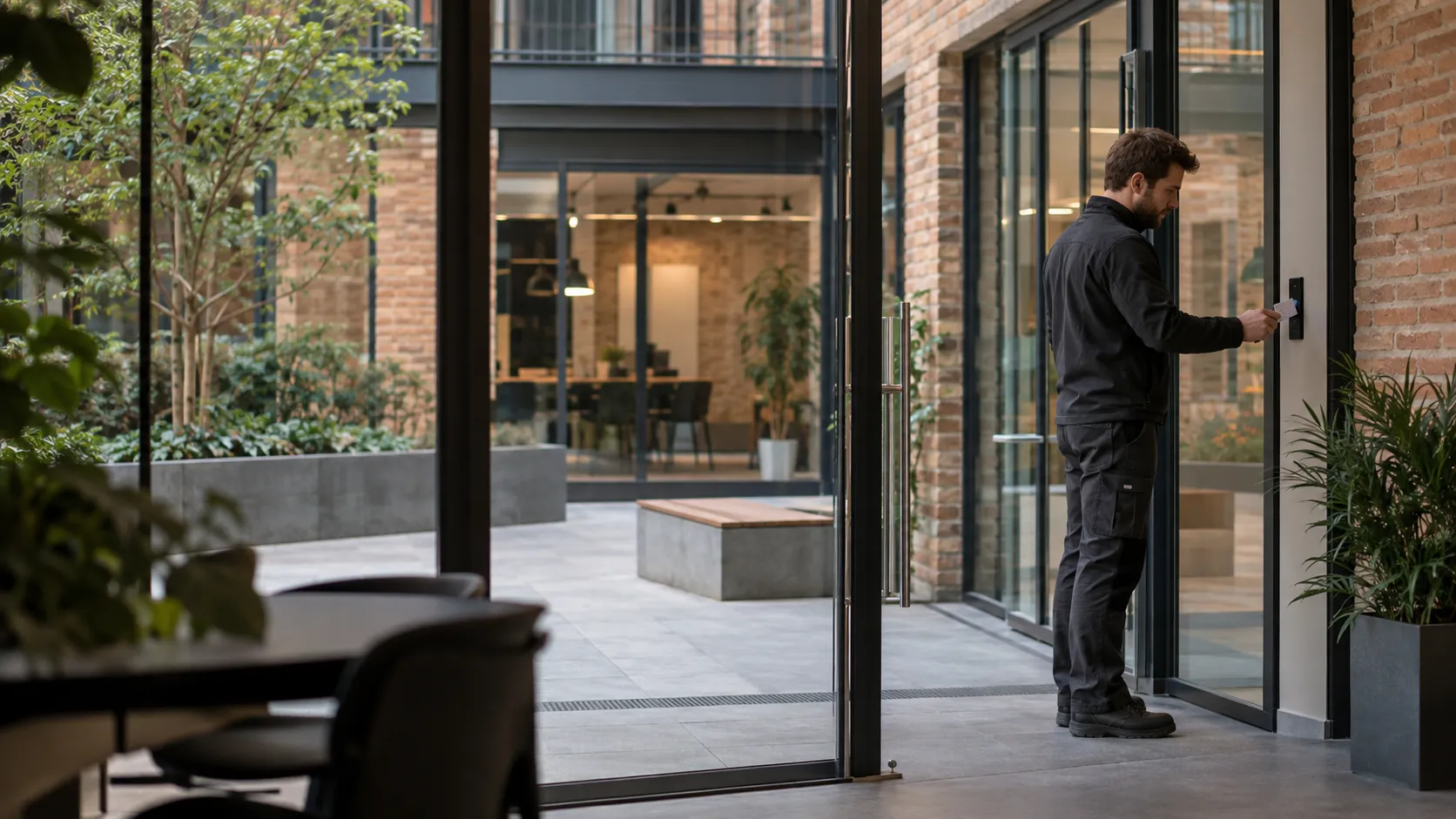 Engineer testing a flush-mounted access reader at a controlled doorway in a light industrial office with warm brick and planted court