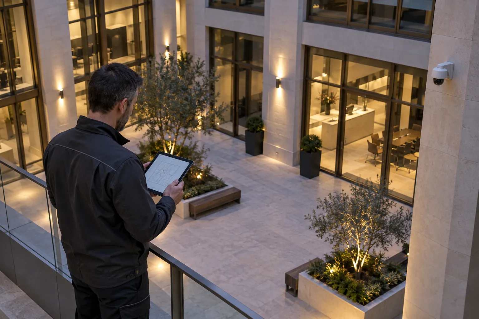 An engineer examining the final device layout on a wireless tablet in a commercial environment