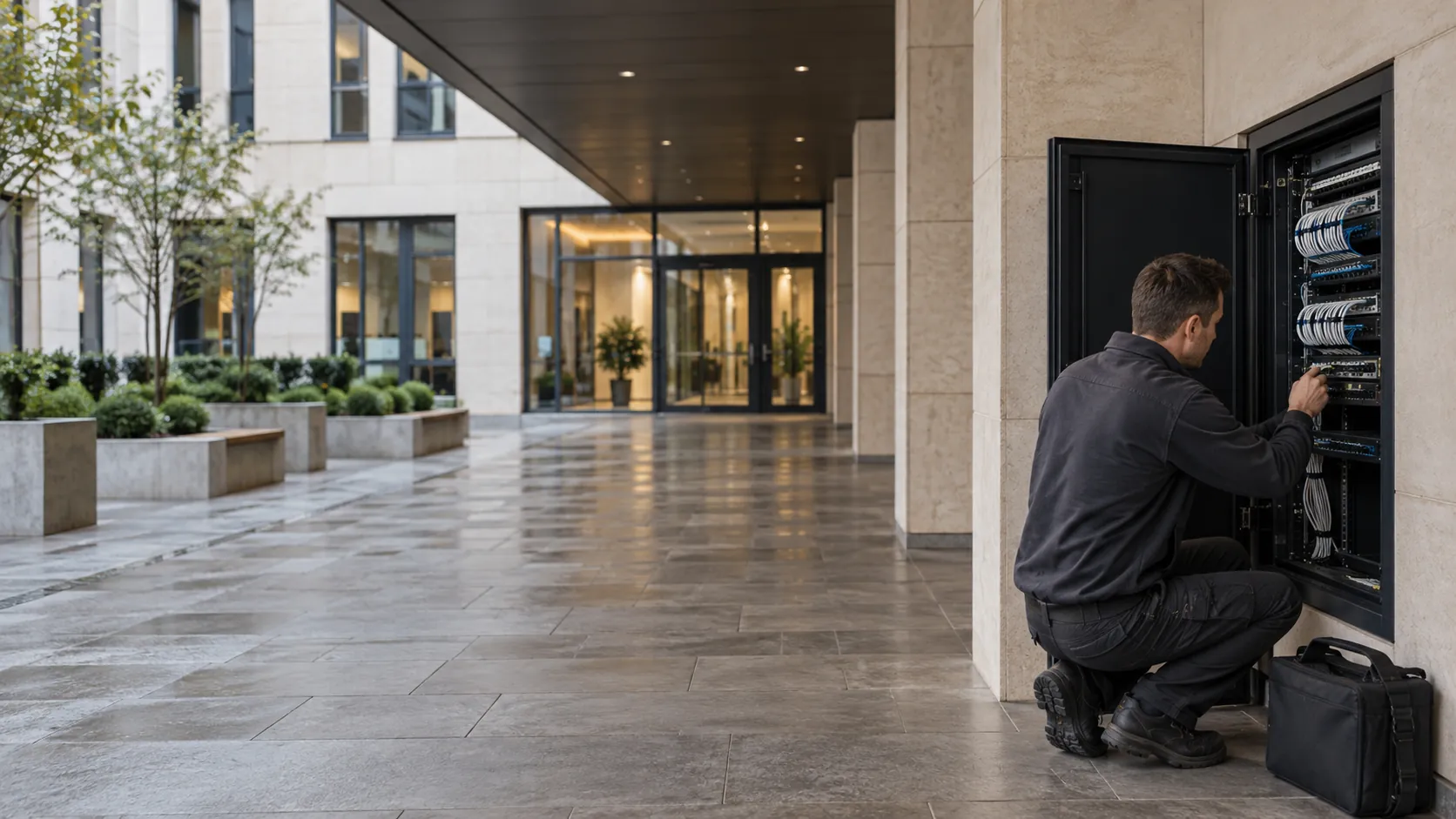 Network technician checking a neatly patched low-voltage communications cabinet in a pale limestone commercial courtyard with bronze frames