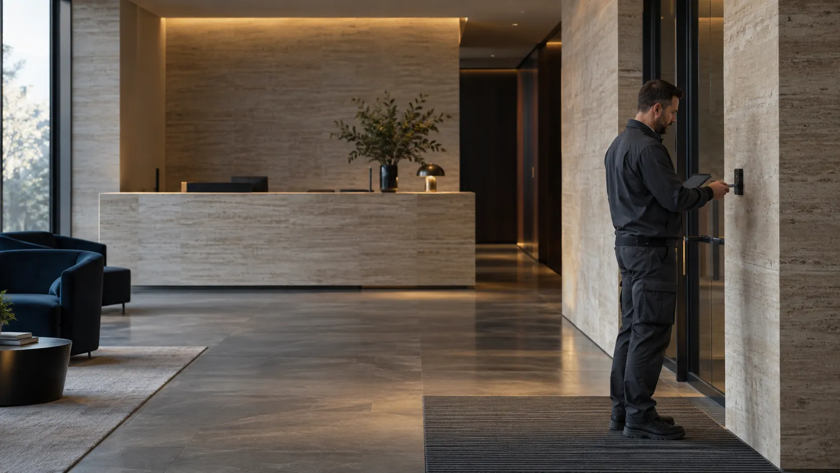 Engineer testing a flush-mounted access reader at a controlled doorway in a unbranded commercial reception with travertine walls