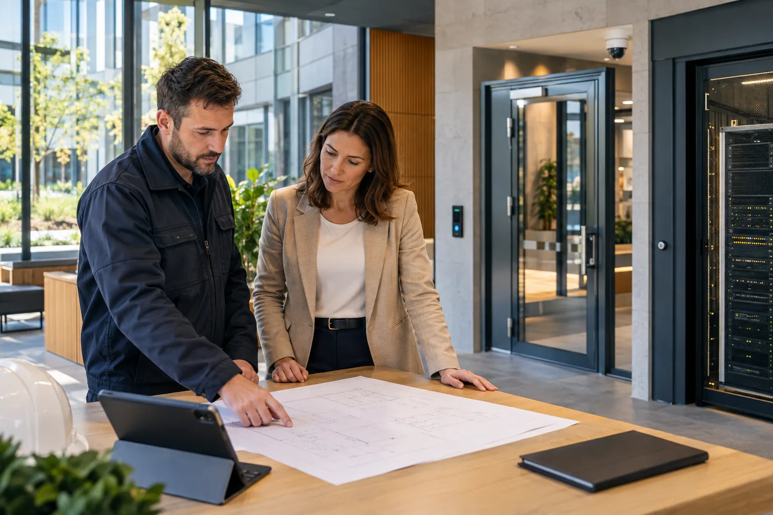 Engineer discussing commercial infrastructure with a facilities representative