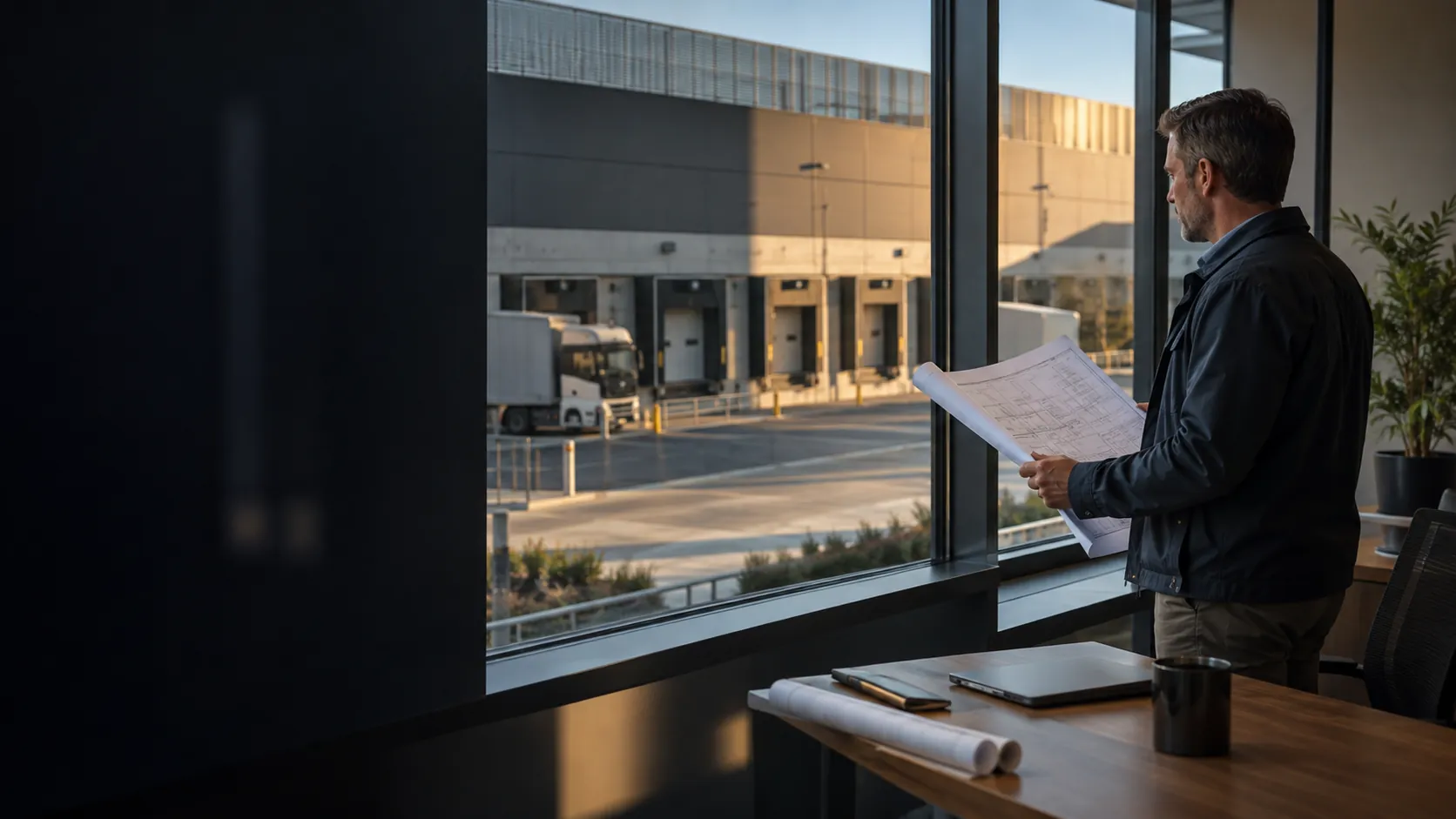 Security consultant in plain workwear surveying entrances while referring to an unlettered architectural plan