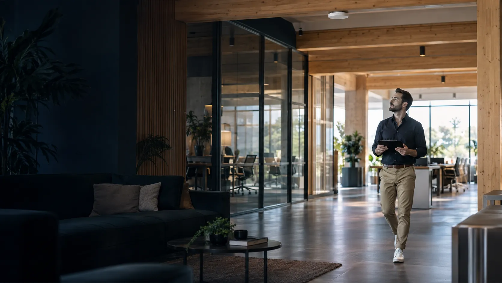 Wireless engineer walking through the office with a handheld wireless survey tablet