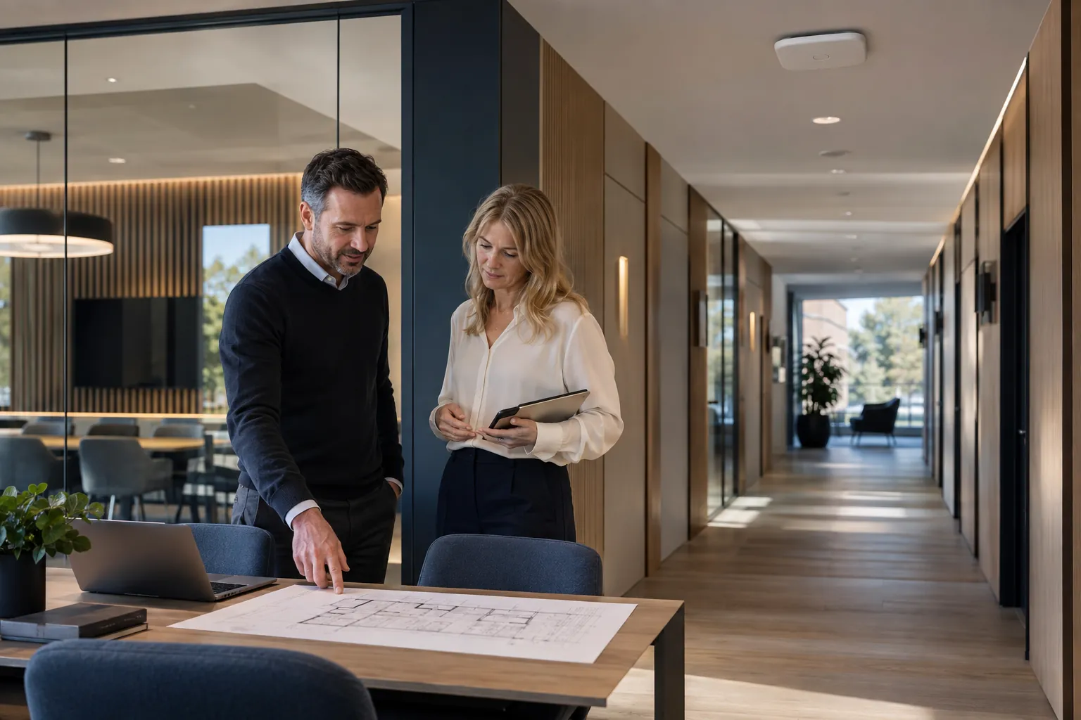 Engineer discussing commercial infrastructure with a facilities representative