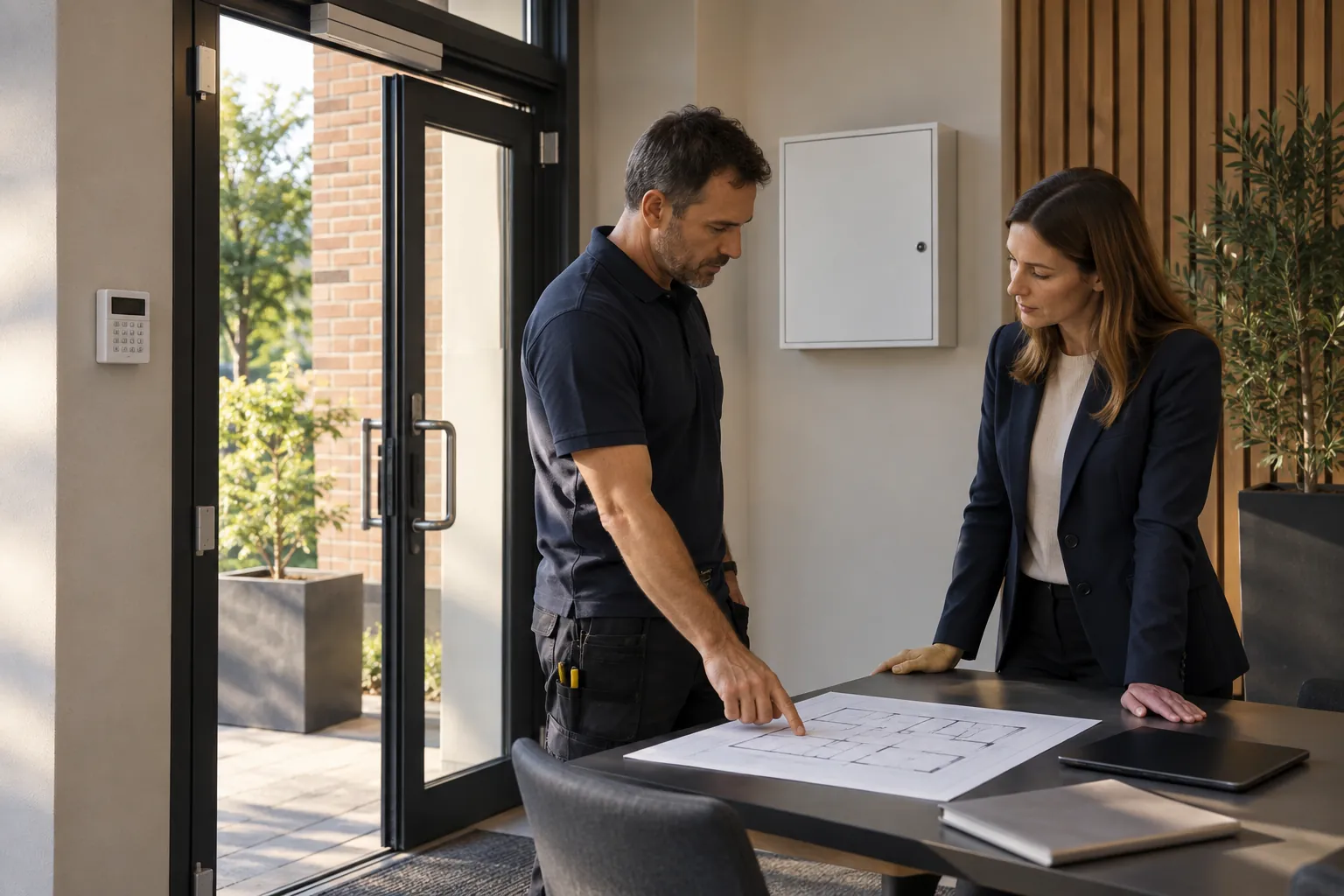 Engineer discussing commercial infrastructure with a facilities representative