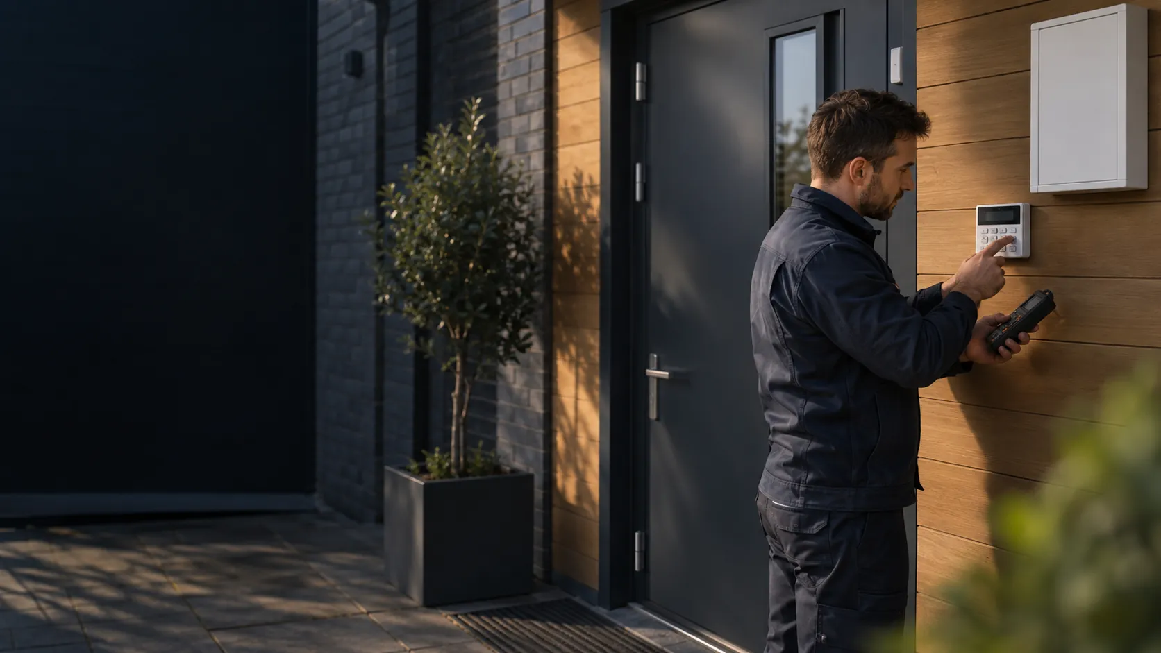 Engineer checking a low-voltage intruder alarm keypad with a small test instrument